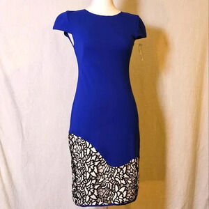 NWT Yoana Baraschi T Shirt Dress Sz XS,Blue w Black/White Lace Embroidery